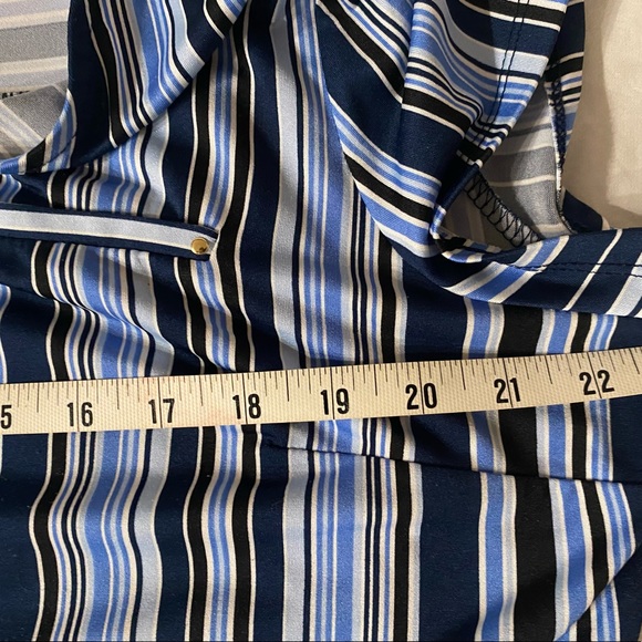 BLOUSE Roz & Ali Blue White Navy Striped V Neck top Short Sleeve Gold zipper CL - Picture 5 of 8
